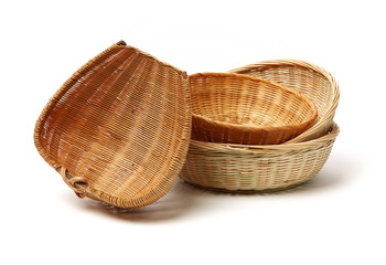 Bamboo basket hand made isolated on white background. Woven from bamboo tray.