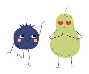 Cute Pear and Blueberry, Cheerful Berry and Fruit Characters with Funny Faces, Best Friends, Happy Couple in Love Vector Illustration