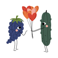 Cute Cucumber Giving Balloons in Shape of Hearts to Grapes, Cheerful Vegetable and Berries Characters with Funny Faces, Best Friends, Happy Couple in Love Vector Illustration