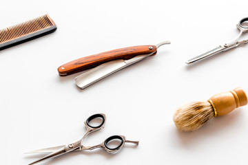 Barbershop concept. Hairdressing tools on white background top view flat lay