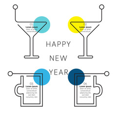 Happy new year infographic template 4 options, set of glass of drink line icon.