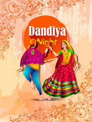 easy to edit vector illustration of Indian people dancing Garba dance for Dandiya Disco Night event on Navratri Dussehra festival of India