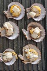 Vertical photo of grilling scallops and cheese on electric pan