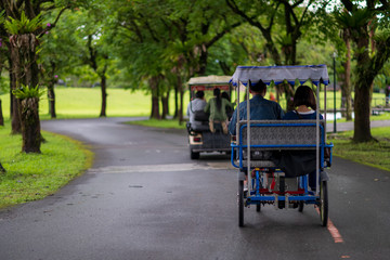 Electric tricicless driving in the park. Concept of clean energy, eco lifestyle.