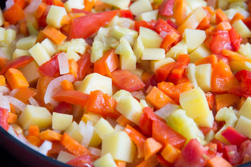 Steamed vegetables on frying pan 