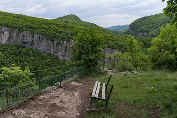 Viewpoint "The bench of Love" on edge of canyon Dryanovo river near.Monastery St. Archangel Michael, Gabrovo region, Bulgaria