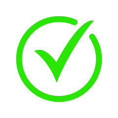 Green tick icon vector symbol, checkmark isolated on white background, checked icon or correct choice sign, check mark or checkbox pictogram