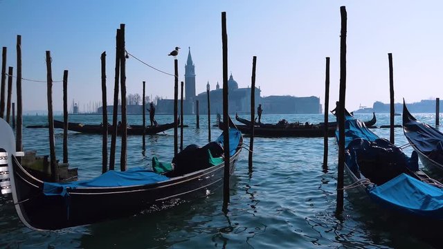Venece lagoon with passing and waiting gondolas. Royalty free UHD 4K stock footage related to European and Italian history, culture, and tourism.