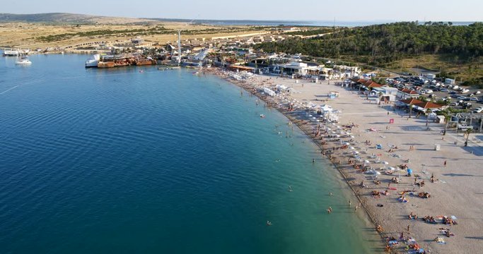  Aerial scene of the Zrce beach on Pag island, Adriatic Sea, Croatia 