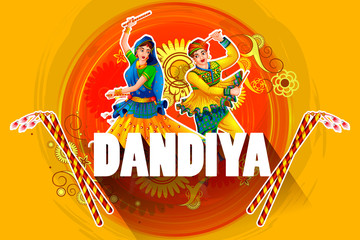 easy to edit vector illustration of Indian people dancing Garba dance for Dandiya Disco Night event on Navratri Dussehra festival of India
