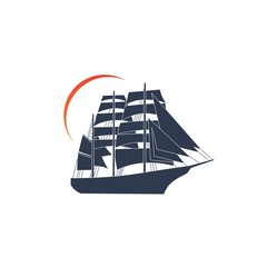 Simple ship sailboat on the ocean with sun illustration logo design