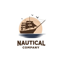 Vintage classic ship sailboat on the ocean with sunset background illustration logo design