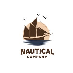 Vintage classic ship sailboat on the ocean with sunset background illustration logo design