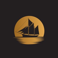 Ship sailboat on the ocean with gold moon background illustration logo design
