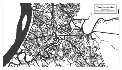 Banjarmasin Indonesia City Map in Black and White Color.