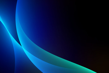 Abstract light blue green curve graphic on dark background, copy space composition.