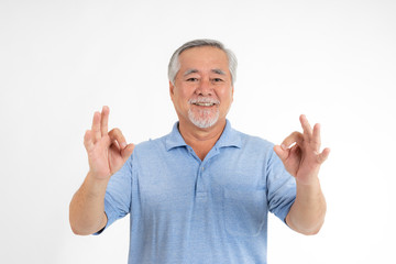 Portrait senior man feel happy isolated on white background - lifestyle senior male concept