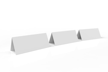 Blank table card set mockup for design uses, triangular paper card for business meeting or restaurant menu. 3d illustration