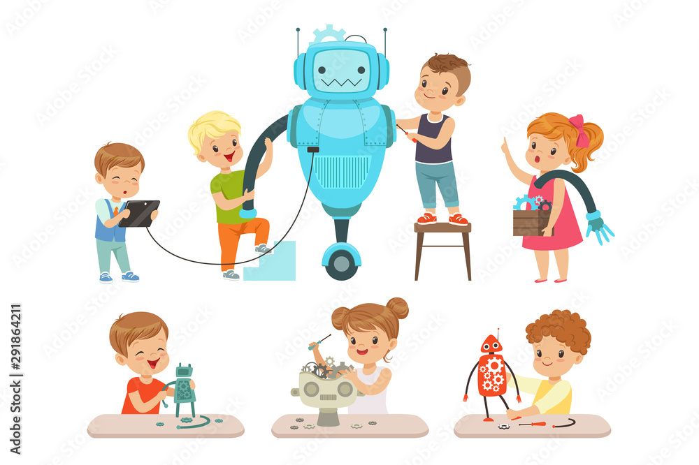 Poster cute little kids programming and creating smart robots set, educational project concept for children