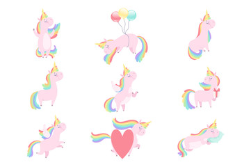 Lovely unicorn set, cute fantasy animal character with rainbow hair vector Illustrations on a white background