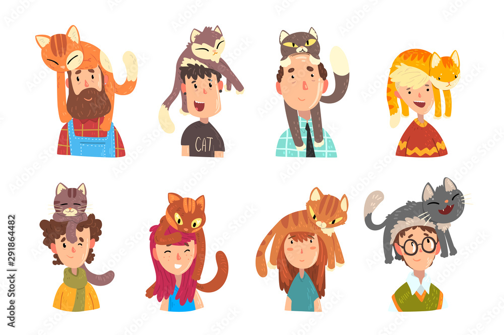 Sticker People with funny cats sitting on their heads set, adorable pets and its owners vector Illustrations on a white background