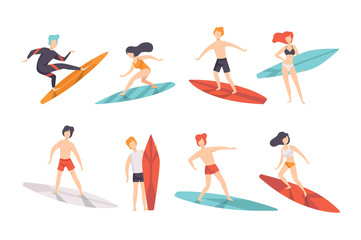 Surfer people riding surfboards set, young women amd men enjoying summer vacation on the sea or ocean vector Illustration on a white background