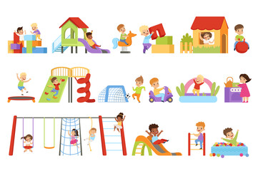 Kids having fun at playground set, boys and girls playing with toys, sliding down slide, climbing ladder vector Illustrations on a white background