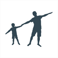 Silhouettes of father and child. Dad and son holding hands and spreading them apart as if flying like a plane. The boy was five years old.