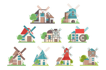 Traditional rural windmill set, ecological agricultural manufacturing vector Illustrations on a white background