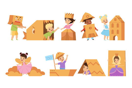 Cute creative kids playing toys and costumes made of cardboard boxes set vector Illustrations on a white background