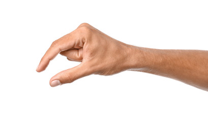 Male hand holding something on white background - Powered by Adobe