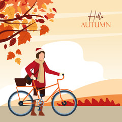 hello autumn season with girl and bicycle in the field
