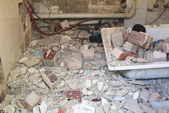 Demo day - rubble, concrete, render and bricks