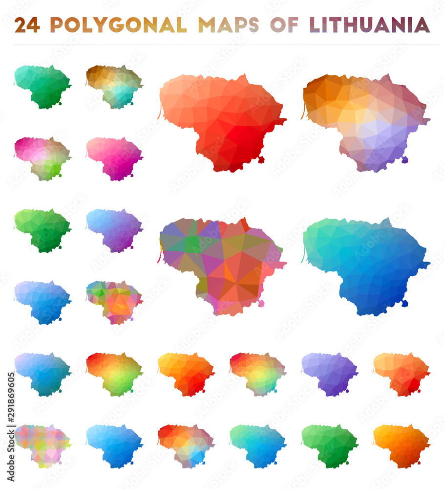 Poster set of vector polygonal maps of lithuania. bright gradient map of country in low poly style. multico