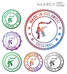 Sulawesi badge. Colorful polygonal island symbol. Multicolored geometric Sulawesi logos set. Vector illustration.