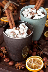 Homemade dark hot chocolate in mugs  with marshmallows 
