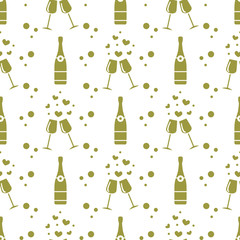 Seamless holiday pattern. Hearts, glasses, bottle