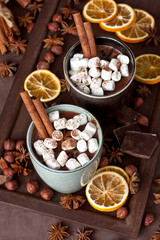 Homemade dark hot chocolate in mugs  with marshmallows 