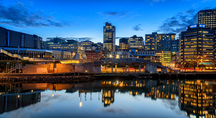 Buildings at night, Wellington, New Zealand night, city, water, river, skyline, reflection, lights,...