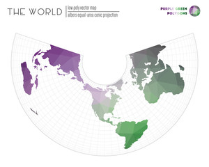 Polygonal map of the world. Albers equal-area conic projection of the world. Purple Green colored polygons. Energetic vector illustration.