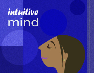 Intuitive mind, meditation, mindfulness thinking.  Woman, girl with eyes closed thinking deeply to enhance peace and calmness. Dark blue background illustration. positive affirmation concept. Clipart 
