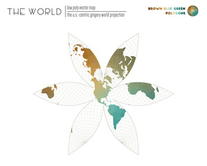 World map in polygonal style. The U.S.-centric Gingery world projection of the world. Brown Blue Green colored polygons. Neat vector illustration.