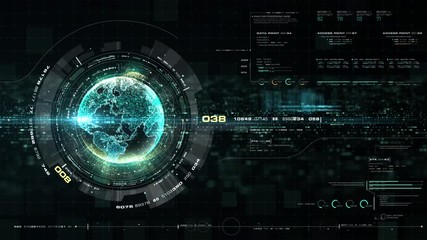 Futuristic global communication via broadband internet connections between cities around the world with matrix particles continent map for head up display background - Powered by Adobe