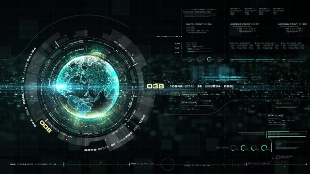 Futuristic global communication via broadband internet connections between cities around the world with matrix particles continent map for head up display background