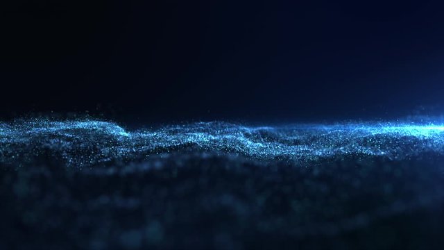Digitally generated motion graphic particles wave flowing abstract in cyber space technology de-focus background