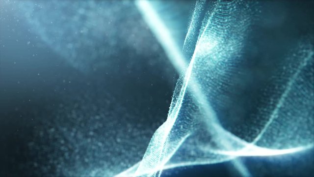 Digitally generated motion graphic particles wave flowing abstract in cyber space technology de-focus background