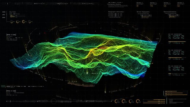 Advance motion graphic holographic terrain environment, geomorphology, topography and digital data telemetry information display for screen background