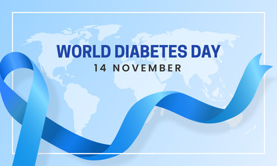 World diabetes day awareness poster banner background design with blue ribbon symbol on world map banner vector illustration