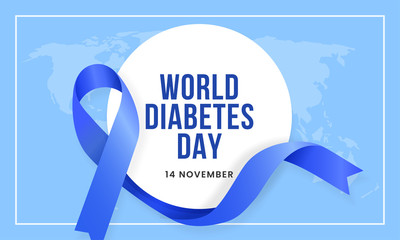 World diabetes day awareness poster banner background design with blue ribbon and circle badge on world map banner vector illustration