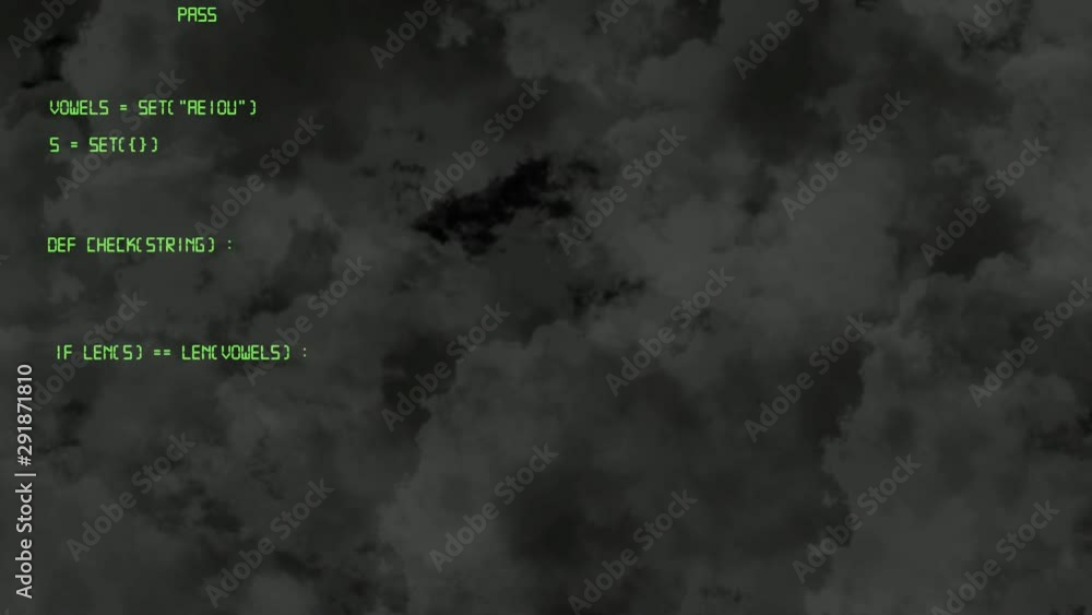 Poster animation of green computer code against dark clouds